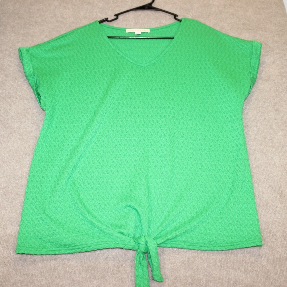 Good Days Only Green Textured V-Neck Front Tie Knot Short Sleeve Top 1X - Picture 1 of 6